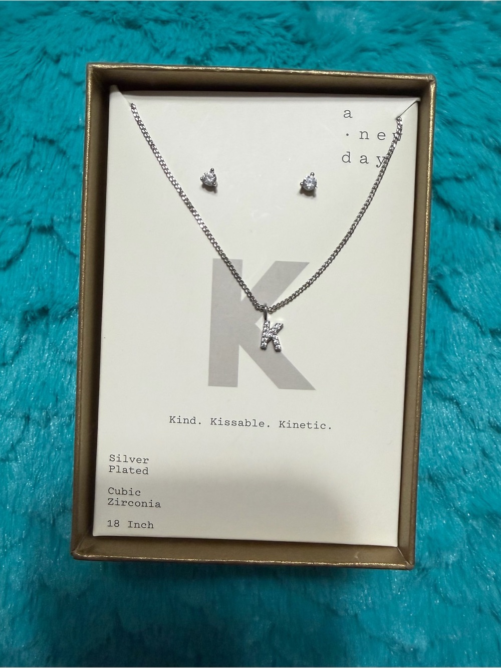 a new day Silver Plated 'K' Cubic Zirconia Necklace & Stud Earrings Set - Silver